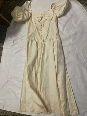 Ivory Puff Sleeve Bow Front Midi Dress vintage